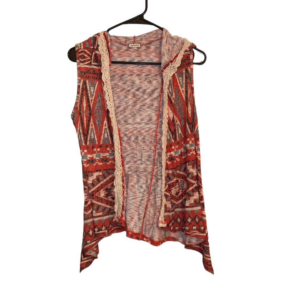 Hooded vest with aztec design